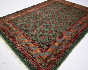 5x7 Afghan Bukhara Rug Turkmen Hand Knotted veg dye Wool Oriental Rug, Tribal Area Rug, Pink Blue Green Traditional Rug, Rug for Living Room