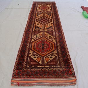 1920s Antique 2&#39;8x11&#39;2 ft Terracotta Runner Rug Afghan Handmade low Pile Wool Distressed Faded Rug, Oriental Turkmen Rug, Hallway Runner Rug