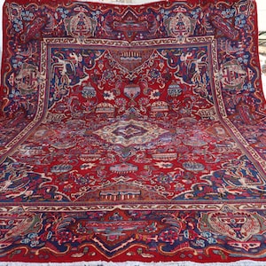 10x13 Large Vintage Rug, Afghan Pictorial Tribal Rug, Handmade Wool Rug, Oriental Antique Rug, Medallion Floral Vase Rug, Dining Table Rug
