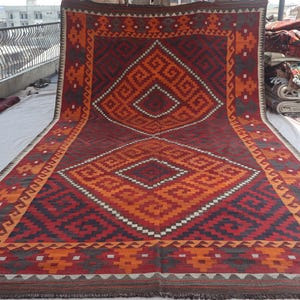 8&#39;7x15&#39;3 ft Vintage Rug, Orange Red Afghan Flatweave Kilim Rug, Turkmen Handmade Wool Rug, Oriental Geometric Rug, Bedroom, Dining Table Rug