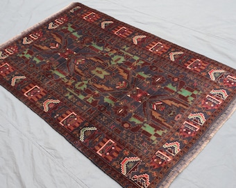 Navy Antique Rug 4x6 ft Geometric Vintage Rug, Afghan Handmade Wool Area Rug, Tribal Turkmen Baluchi Carpet, Bedroom rug, Living Room Rug