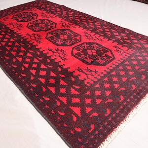 Alfombra afgana Ersari roja vintage de 3&#39;9 x 6&#39;7 pies - Alfombra de lana anudada a mano turcomana - Alfombra oriental antigua tribal, alfombra para dormitorio, alfombra para sala de estar
