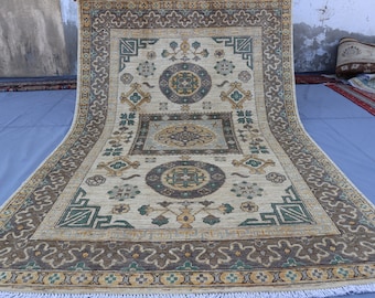 5x7 Afghan Khotan Rug - Beige Brown Turkmen Hand Knotted Wool Natural dyes Rug - Geometric Medallion Rug - Oriental Rug - Living Room Carpet