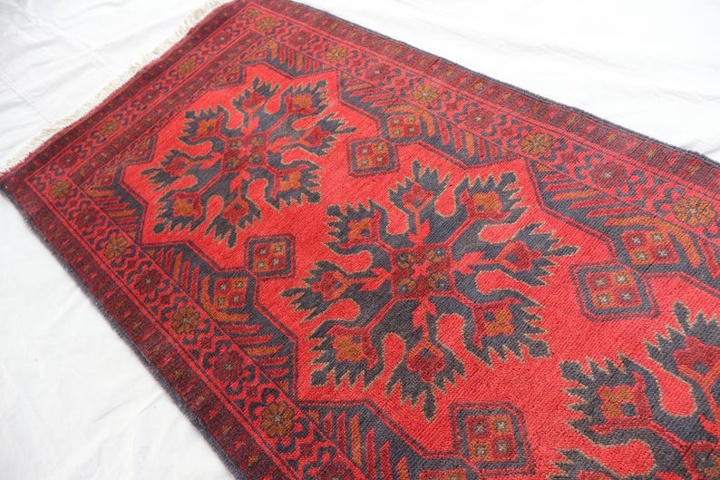 Red 13 Ft Runner Rug, Floral Design Rug, Turkmen Tribal Rug, Handmade