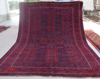 Collectors piece 7x10 ft Red Pictorial Geometric Rug, Afghan Large Vintage Rug, Handmade Wool Rug, Antique Tribal Caucasian Rug, Bedroom Rug