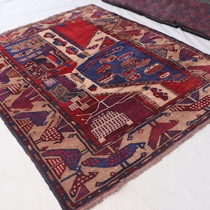 4&#39;4x5&#39;7 ft Cars Pictorial Vintage rug Tribal Baluchi Rug, Afghan Handmade Wool Rug, Brown Beige Red Navy Blue, Kids Room Rug, Wall Decor Rug