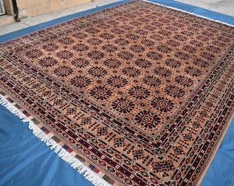 10x14 ft Large Afghan Peach Terracotta Rug, Turkmen Handmade Soft Pile Wool Rug, Geometric Oriental Area rug, Dining Table Carpet