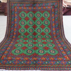 4x6 ft Green Bokhara Rug, Afghan Hand Knotted Veg dyes Plush Wool Rug, Turkmen Tribal Rug, Oriental Rug, Traditional Rug, Kitchen, Bedroom