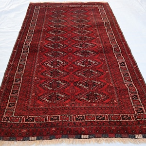 Deep red Antique Rug, 3&#39;6x5&#39;10 ft Afghan Geometric Bukhara Rug, Hand Knotted veg dyes Wool Area Rug, Turkmen Tribal Vintage Rug, Bedroom Rug