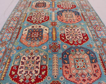 4x6 ターコイズ ワジリ エリア ラグ - アフガニスタン ハンドノット