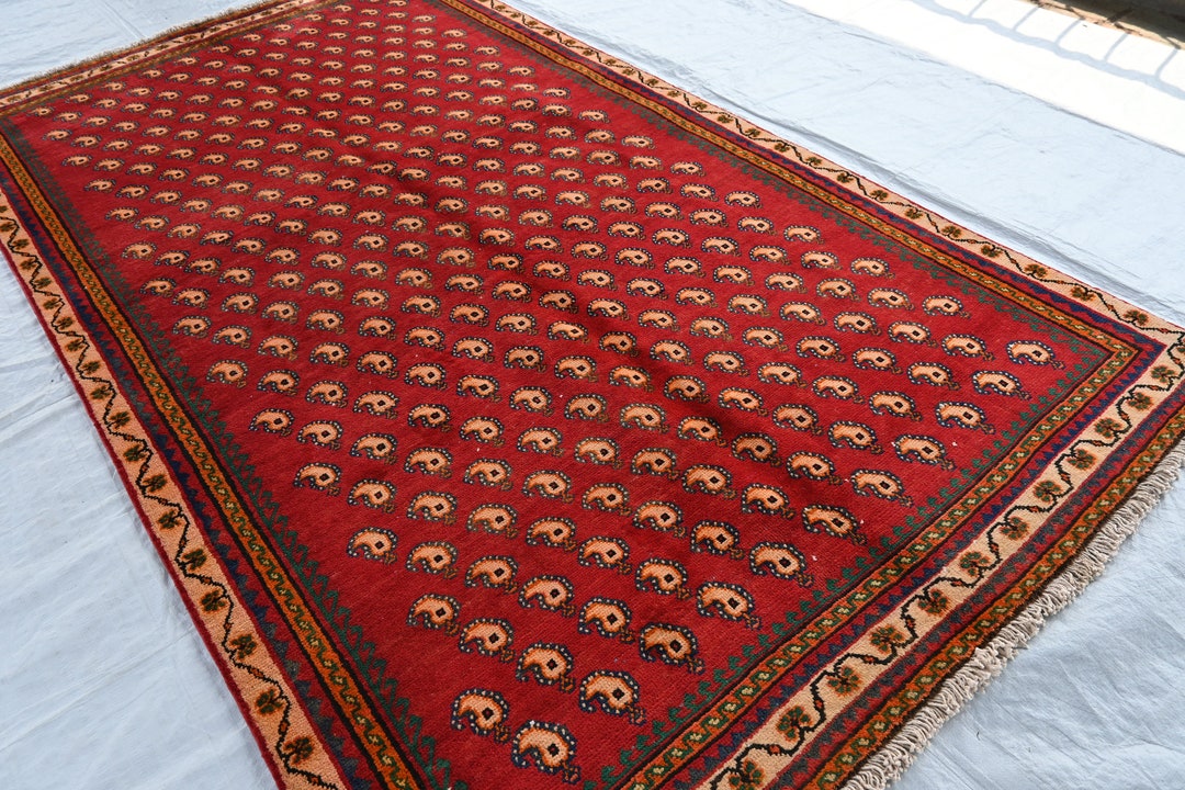 5x8 Ft Afghan Antique Rug, Red Paisley Style Hand Knotted Veg Dyes Wool ...