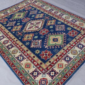 5x7 Blue Kazak Rug, Traditional Afghan Hand Knotted veg dyes Wool Area Rug, Geometric Patterns, Turkmen Tribal Rug, Living Room, Bedroom Rug