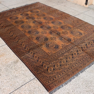 7x10 Vintage Area Rug, Terracotta Ersari Rug, Antique Handmade Rug, Low pile wool rug, Turkmen Oriental Rug, Distressed faded rug, Bedroom