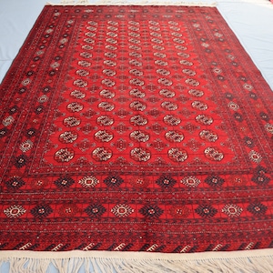 Red 7x10 Antique Bokhara Rug, High Pile Afghan Hand Knotted Wool Area Rug, Turkmen Mowri, Tribal Vintage Rug, Rug for living room, bedroom
