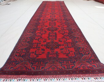 Red 13 ft runner rug Afghan Vintage runner rug, Bukhara design Khal Muhammadi rug, Handmade High Pile Wool Turkmen Tribal Rug 85x400 cm 3x10
