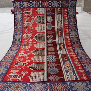 Collectors piece 2&#39;9x4&#39;5 ft Afghan Vintage Pictorial Rug - Hand Knotted Organic dyes Wool Baluchi Rug - Navy Blue Red Area Rug - Bedroom Rug