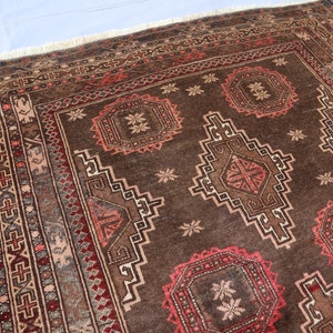 1960s Antique Rug 4x6 ft Afghan Handmade low Pile Distressed Wool Area Rug, Vintage faded Caucasian Geometric Red Brown Rug, Office Bedroom image 5