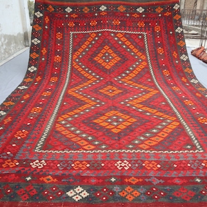 9x13 Large Antique 1960s Afghan Terracotta Kilim Rug, Authentic Flatweave Kilim Area Rug, Geometric design Living room, Oriental Turkmen Rug