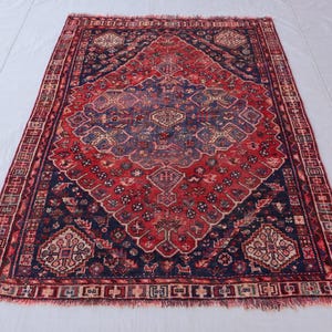 4x5&#39;4 ft Afghan Antique Caucasian Rug, Vintage Geometric Rug, Pictorial Oriental Rug, Handmade Wool Carpet, Red Bedroom Rug, Living room Rug