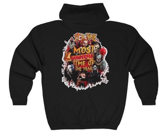 Halloween, The Most Wonderful Time of The Year, Myers, Freddy, Jason Unisex Heavy Blend Full Zip Hooded Sweatshirt Back Print only