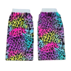 Atomic Laundry Apparel Black and Leopard Neon Rainbow Fluffy Legwarmers/Raver/Gogo/Festival/Pride/Burning Man Legwarmers//Fluffies