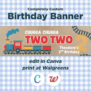 Könnte beinhalten: Individuelles Geburtstagsbanner mit einer Zugillustration. Der Bannertext lautet "CHUGGA CHUGGA TWO TWO" in Rot. Enthält den Text "Theodore's 2nd Birthday". Der Hintergrund ist ein blau-weißes Vichy-Muster.