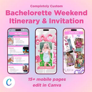 May include: A pink and white digital invitation for a bachelorette weekend, featuring three smartphone mockups. The phones display itinerary details, photos, and outfit inspiration. Text includes "Bachelorette Weekend Itinerary & Invitation" and "15+ mobile pages edit in Canva."