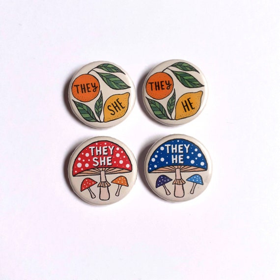 They/She They/He Pronoun Badge | Mini 25mm 1 inch Cute Cottagecore Witchy Fungi Citrus Pronoun Pin Button Badge