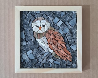 Handgefertigtes Eulenmosaik-Wandbild, Fragment aus Naturstein und Keramik