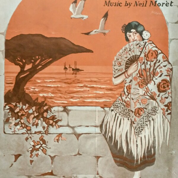 Partitions vintage. Sur la route de Monterey. Chanson pop 1925. Couverture Art Nouveau.