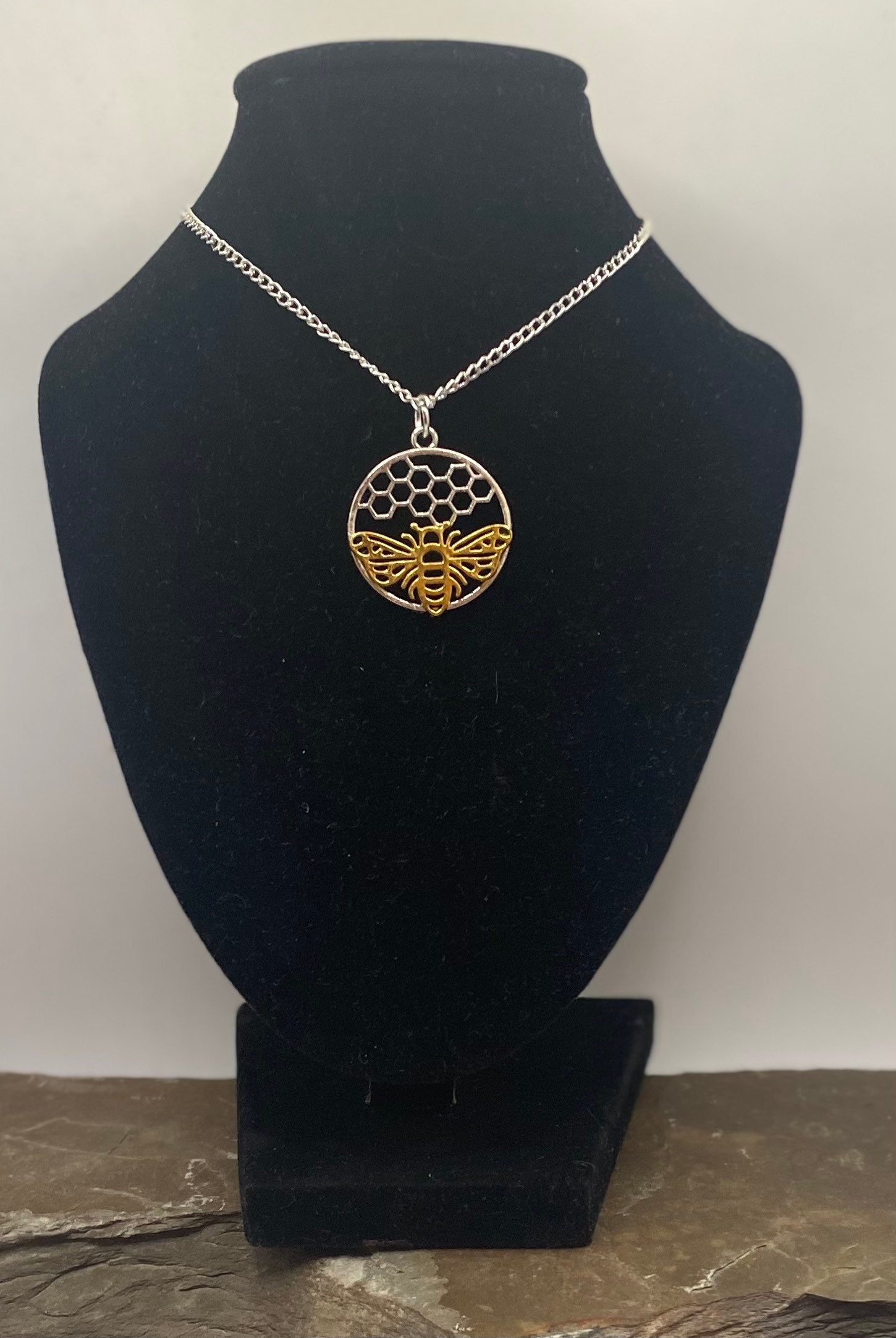 Bee and Honeycomb Necklace on Silver Plated Chain | Etsy