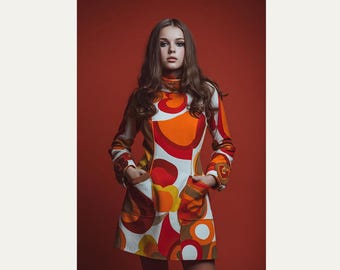 Op Art Geometric Dress Portrait -  1960s Retro Orange White Fashion Print, Instant Digital Download
