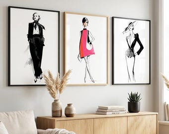 Retro Fashion Sketch Set of 3 Printable Print, Scandinavian Wall Art, Modern Decor for Living Room Poster