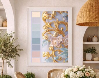 Pastel Rococo Romantic Floral Decor Poster, Elegant Vintage Ornament Art, Soft Luxury Wall Decor