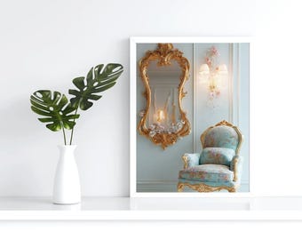 Sky Blue Pastel Wall Art, Rococo Floral Chair Interior Poster,