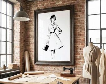 50s Fashion Illustration Print, Vintage Minimal Black and White Line Art, Elegant Wall Decor
