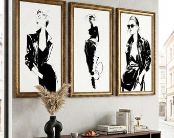 Chic Fashion Illustration Prints, Black and White Gallery Wall Art Set (Digital Download)