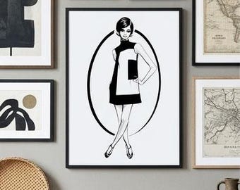 1960s Black White Dress Sketch, Retro Fashion Print Wall Art, Minimalist Fashion Decor