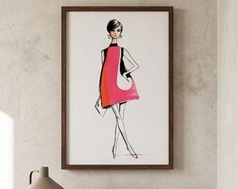 Retro Mod Fashion Poster, 1960s Inspired Fashion Sketch wall art, Vintage Dress Printable Print