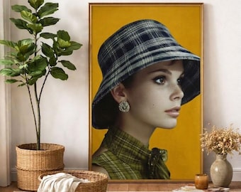 1960s Plaid Bucket Hat Portrait - Retro Green Collar Woman Fashion Print, Instant Digital Download