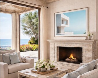 Minimalist Architecture Photograph – White Concrete Building, Ocean View (Digital Download)