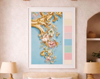 Rococo Floral Print, Pastel Poster, Elegant Vintage Decor, Romantic French Style Wall Art Poster