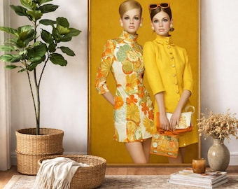 Retro Floral Dress Yellow Turtleneck Fashion Print, 1960s Mod Girls Portrait - Digital Download