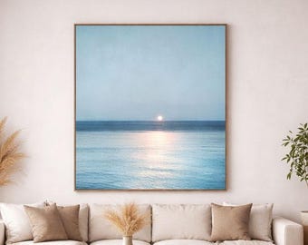 Polar Sunset Minimalist Seascape - Gray Blue Horizon Sun Fine Art Print, Instant Digital Download