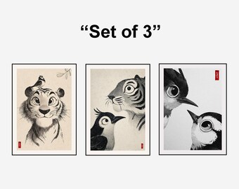 Erbe koreanischer Tiger und Vögel Illustration Set - wunderliche Tier Kunst digitaler Download