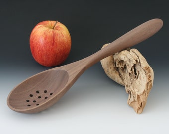 Handmade wooden colander, skimming, straining spoon, environmentally friendly salvaged walnut wood, sustainable green handmade table ware.