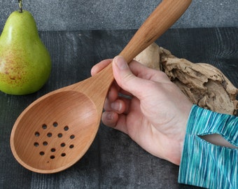 Handmade wooden colander, skimming, straining spoon, environmentally friendly salvaged cherry wood, sustainable green handmade table ware.