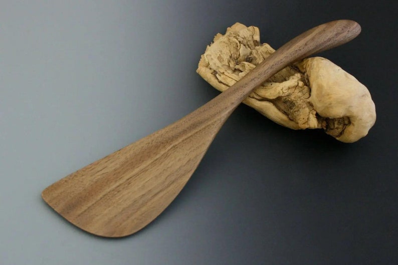 Maple spatula, cherry flipper, walnut, and birch rice paddle. Large Wooden Curved Handled Paddle Spoon. image 2