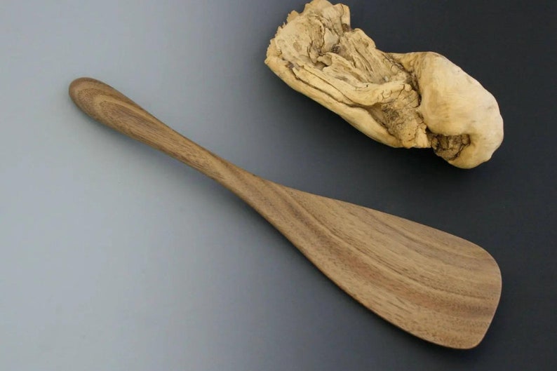 Maple spatula, cherry flipper, walnut, and birch rice paddle. Large Wooden Curved Handled Paddle Spoon. image 4