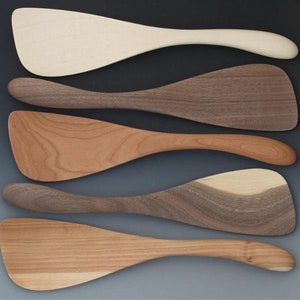 Maple spatula, cherry flipper, walnut, and birch rice paddle. Large Wooden Curved Handled Paddle Spoon. image 1